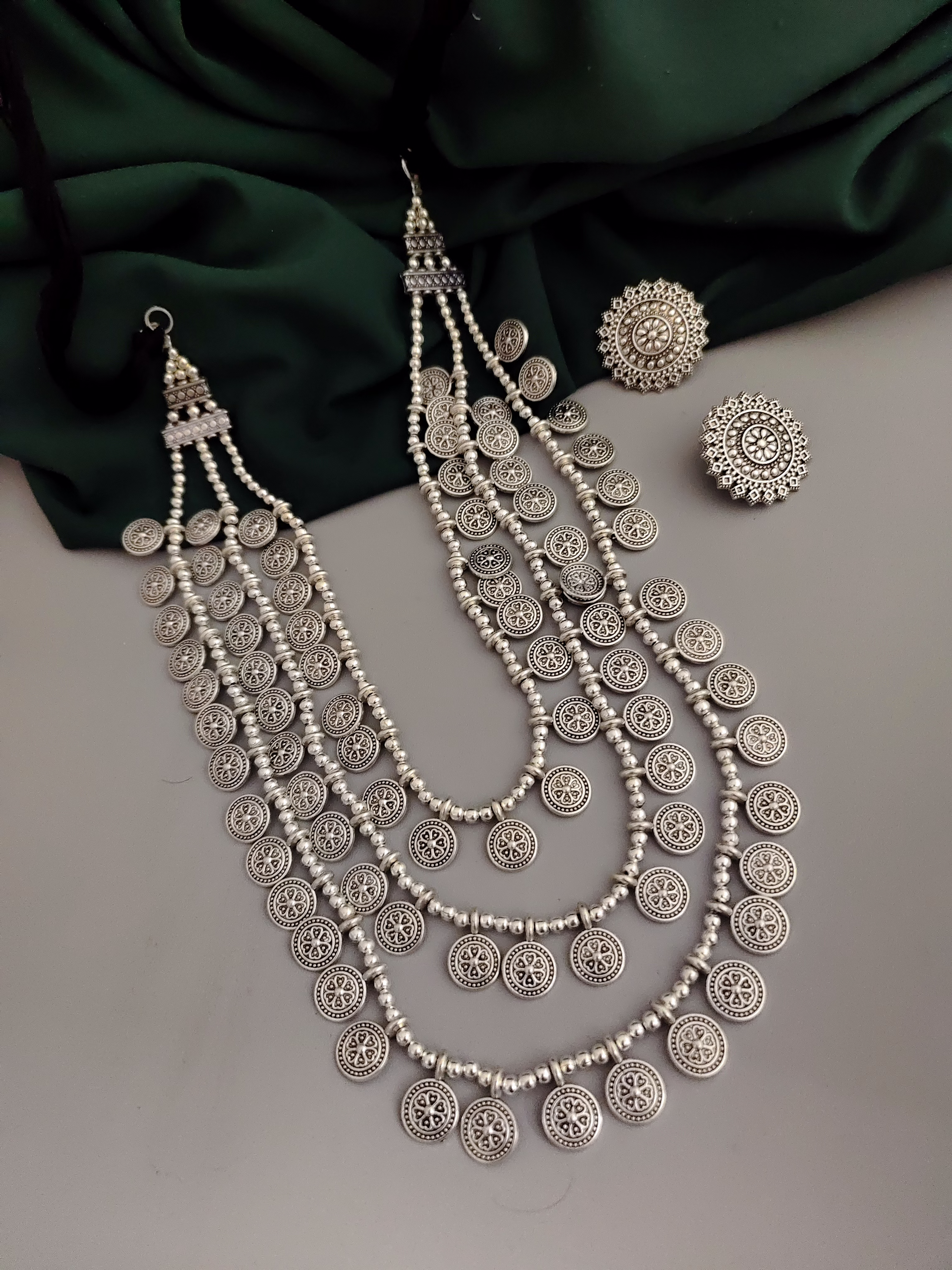 gonasika oxidised 3 layer necklace earrings set