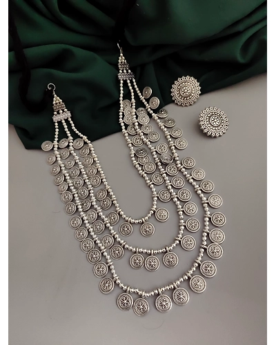 Oxidised 3 layer Necklace Earrings Set-12670583