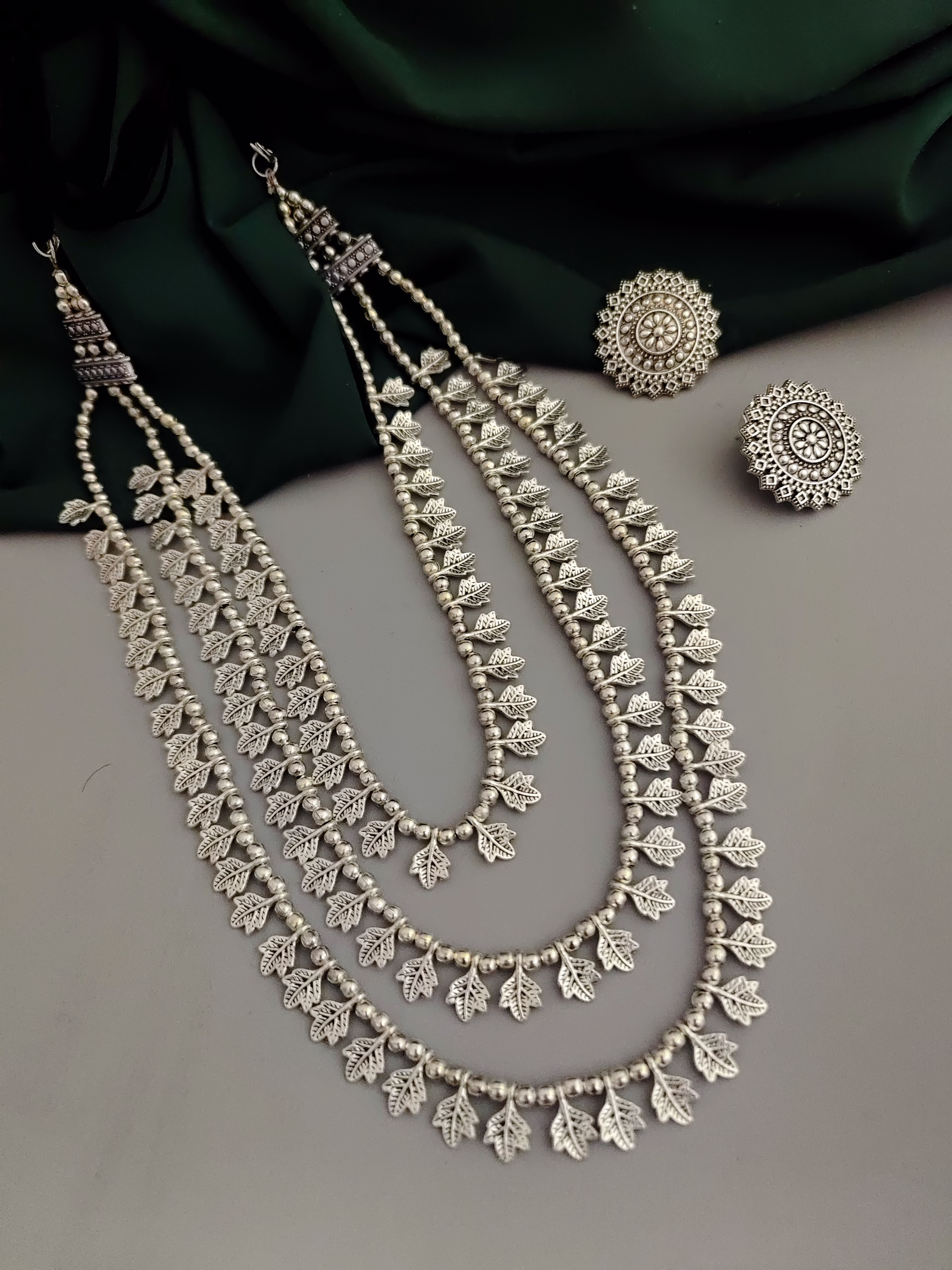 Oxidised 3 layer Necklace Earrings Set image 2