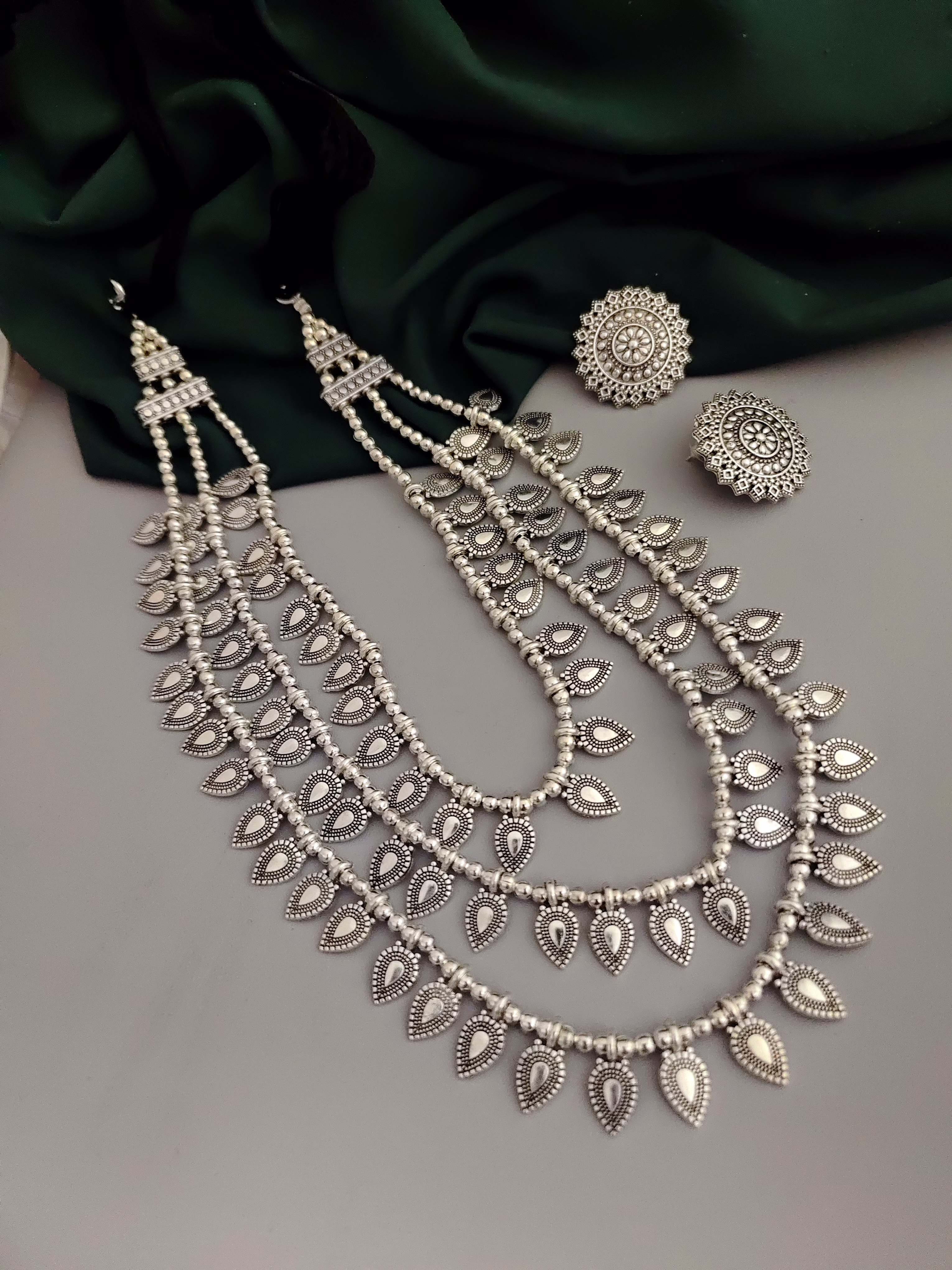Oxidised 3 layer Necklace Earrings Set image 3