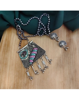 Oxidised Peacock Chain Necklace Earrings Set