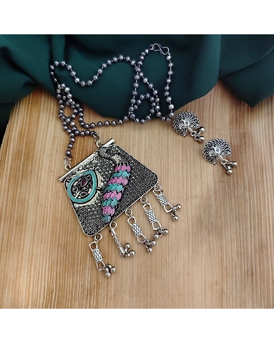 Oxidised Peacock Chain Necklace Earrings Set-12670581