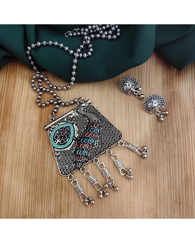 Oxidised Peacock Chain Necklace Earrings Set-1