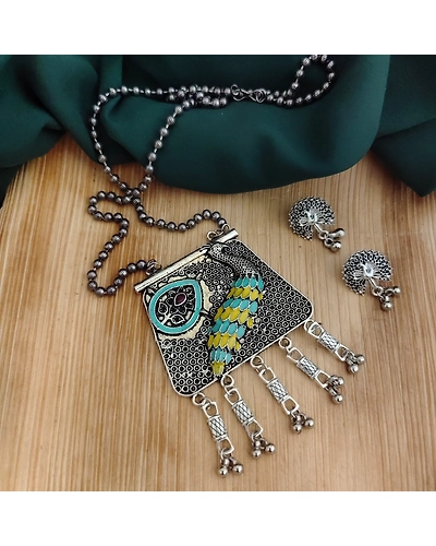 Oxidised Peacock Chain Necklace Earrings Set-2