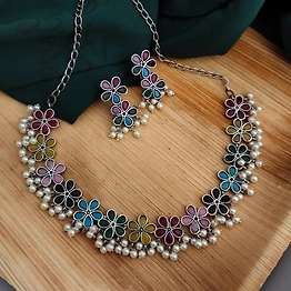 Gonasika Oxidised Multicolour Choker Necklace Earrings Set