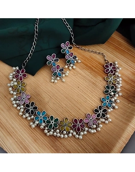 Oxidised Multicolour Choker Necklace Earrings Set