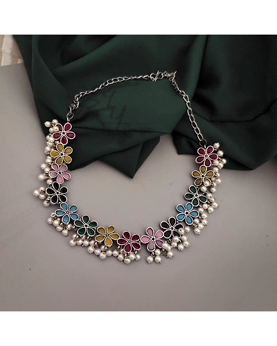 Oxidised Multicolour Choker Necklace Earrings Set-1