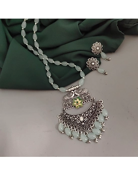 Oxidsed Glass Beads Long Necklace Earrings Set