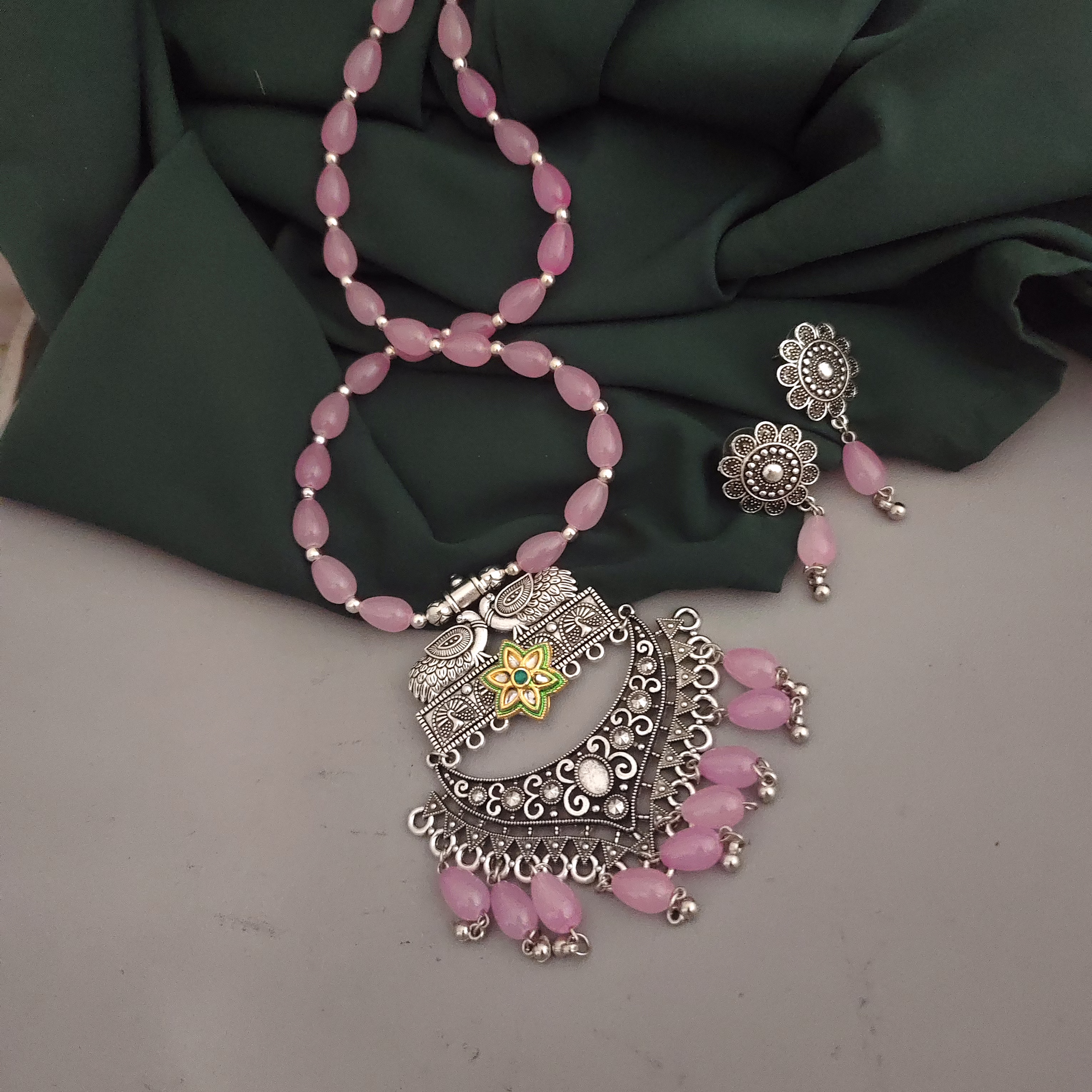 Oxidsed Glass Beads Long Necklace Earrings Set image 2