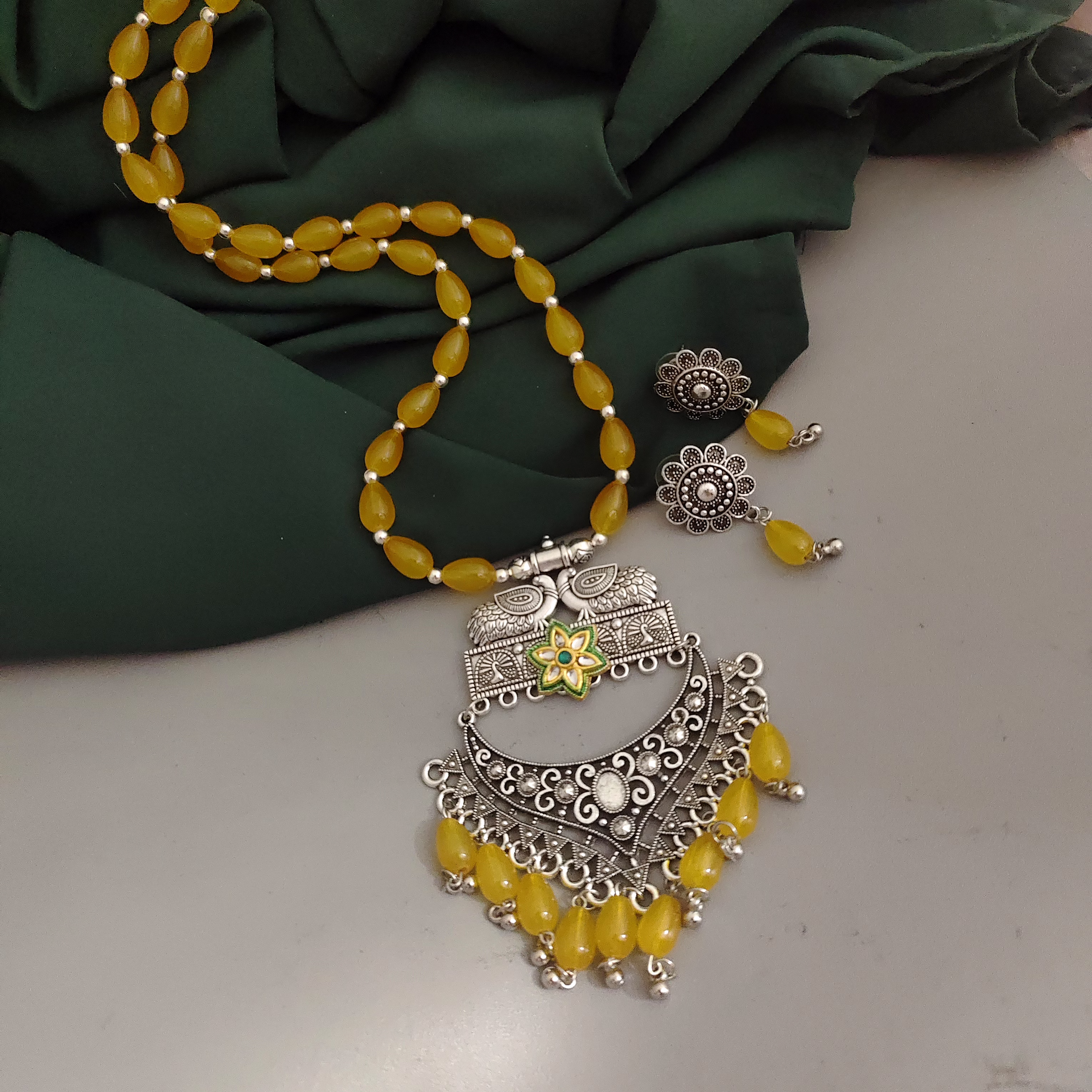 Oxidsed Glass Beads Long Necklace Earrings Set image 3