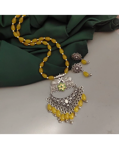 Oxidsed Glass Beads Long Necklace Earrings Set-2