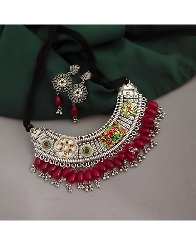 Oxidised Glass Beads Hasli Choker Necklace Earrings Set-2