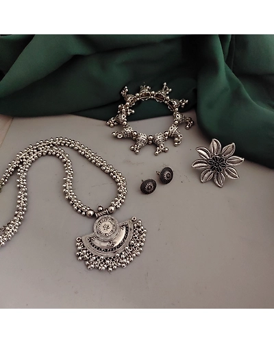 Oxidised Necklace Earrings Ring Bracelet Combo-12670525