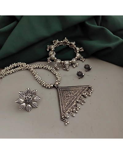 Oxidised Necklace Earrings Ring Bracelet Combo-1