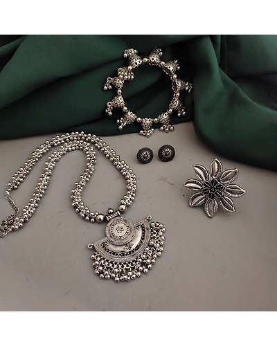 Oxidised Necklace Earrings Ring Bracelet Combo-2