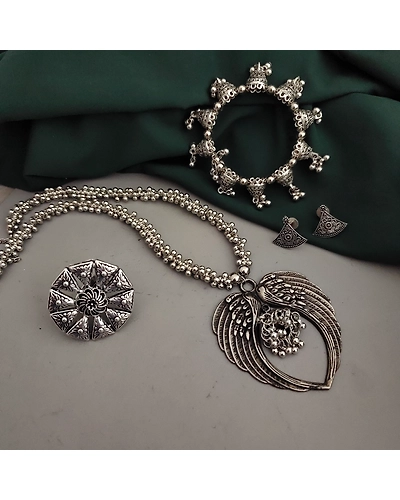 Oxidised Necklace Earrings Ring Bracelet Combo-3