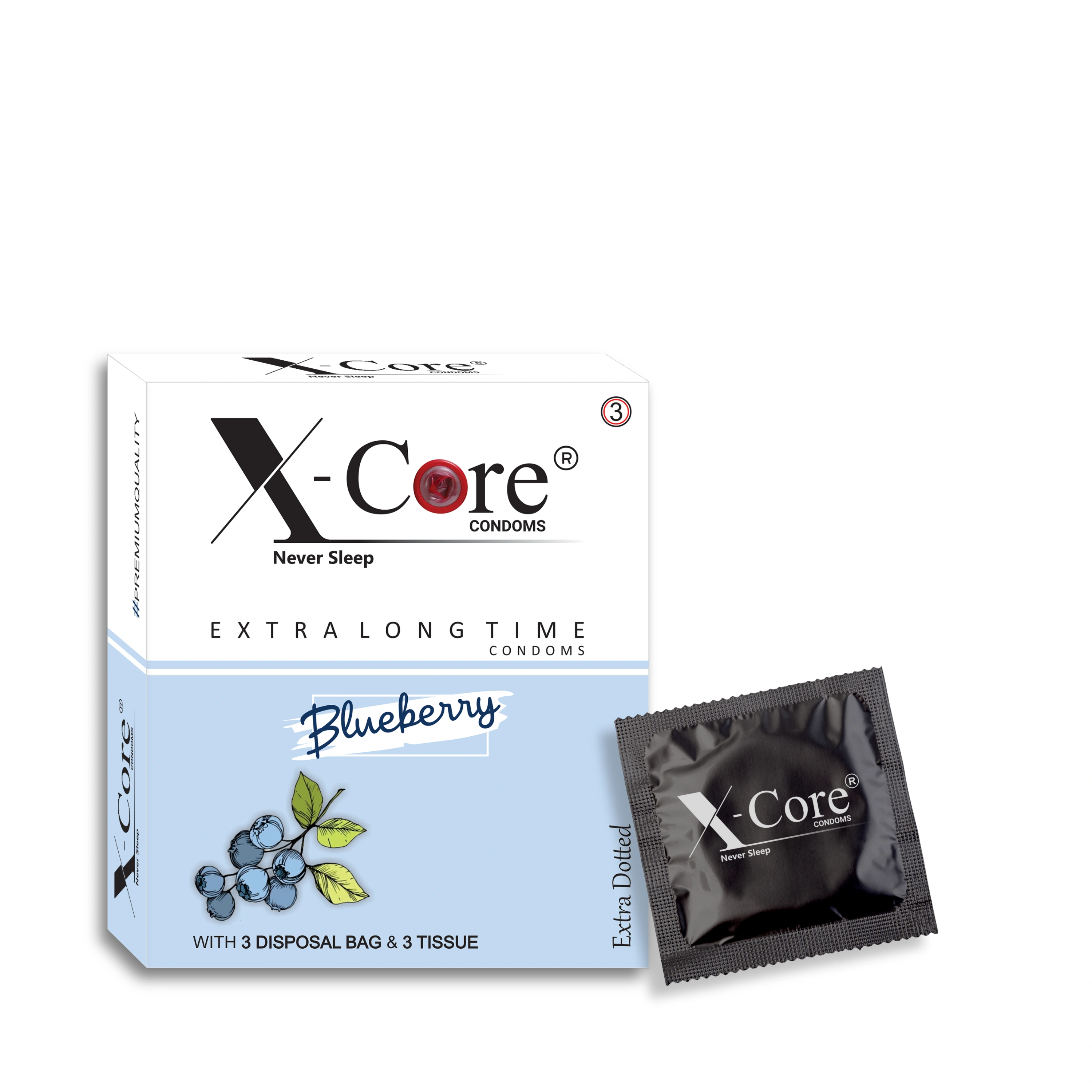 X-Core Condoms BlueBerry Flavoured With Tissues and Disposal Bags 3 Units-12519354