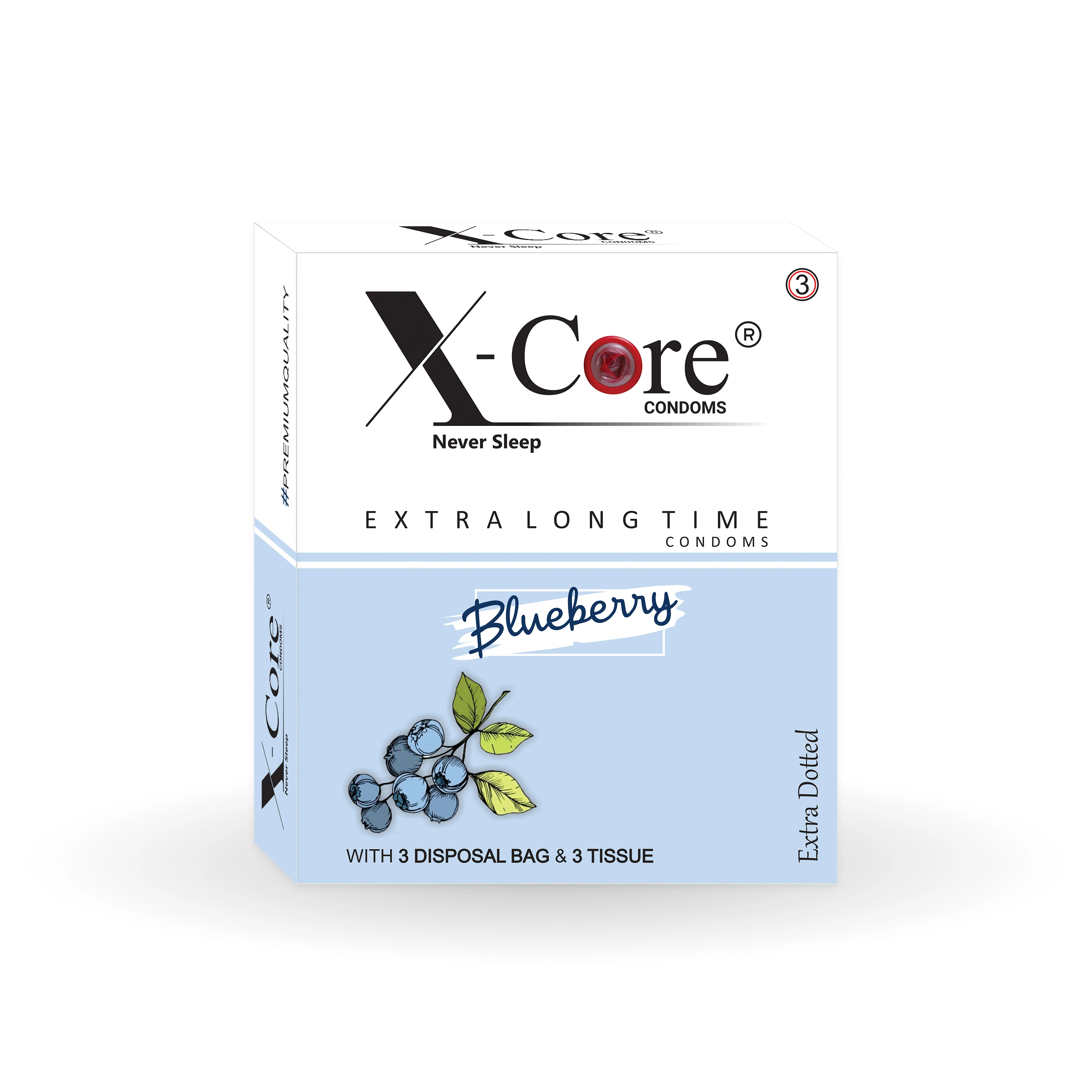 X-Core Condoms BlueBerry Flavoured With Tissues and Disposal Bags 3 Units-1