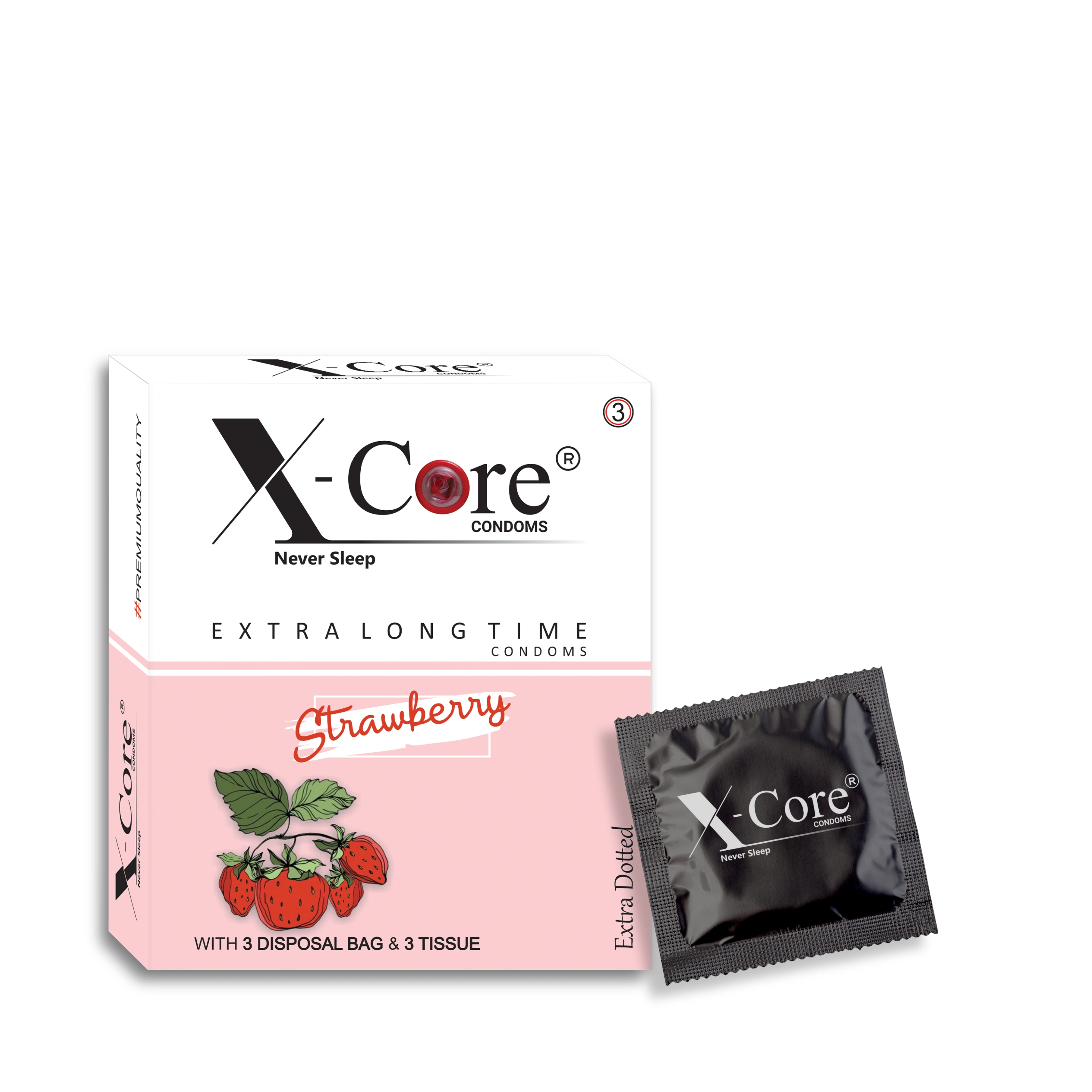 X-Core Condoms Strawberry Flavoured With Tissues and Disposal Bags 3 Units-12519408