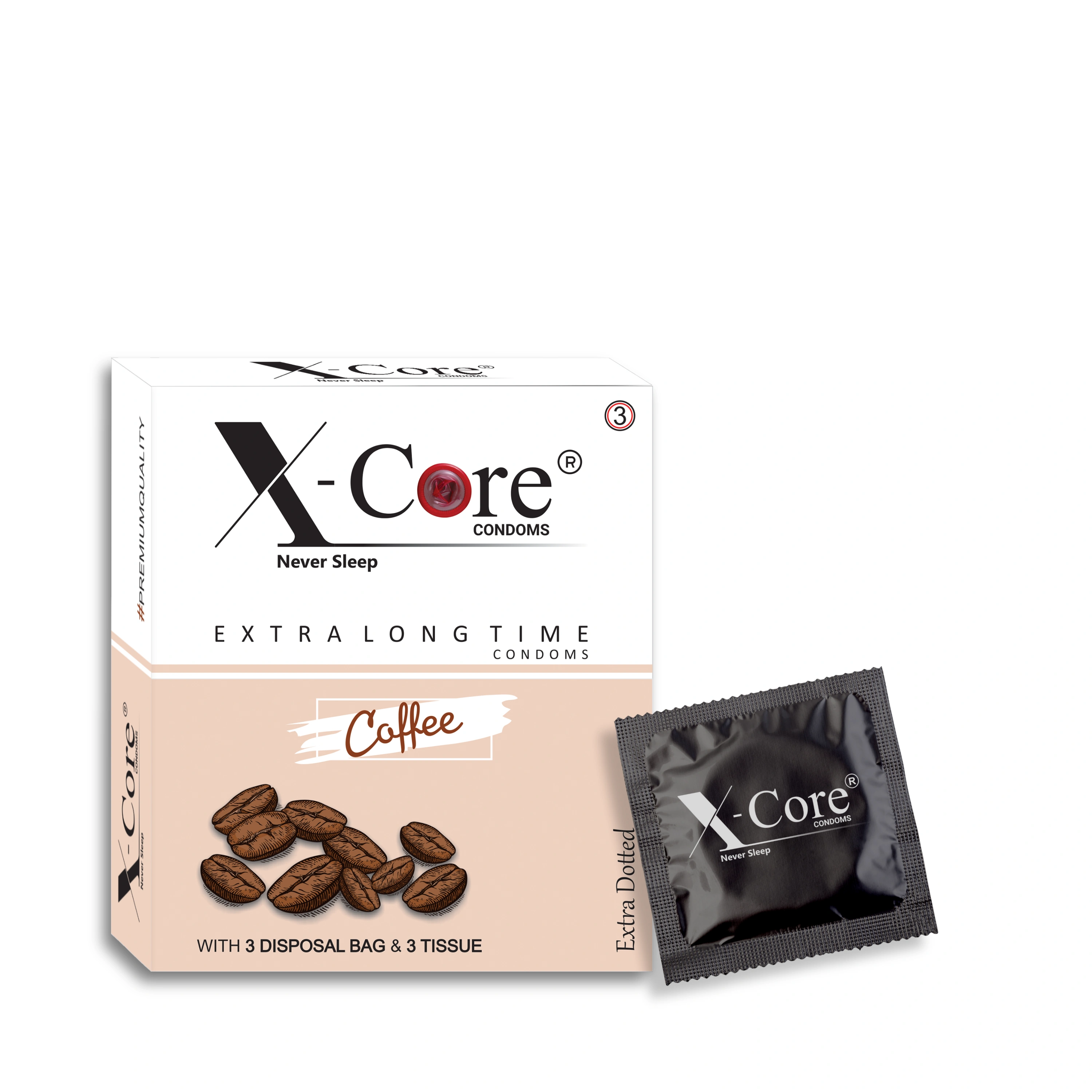 X-Core Condoms Coffee Flavoured With Tissues and Disposal Bags 3 Units-12519438