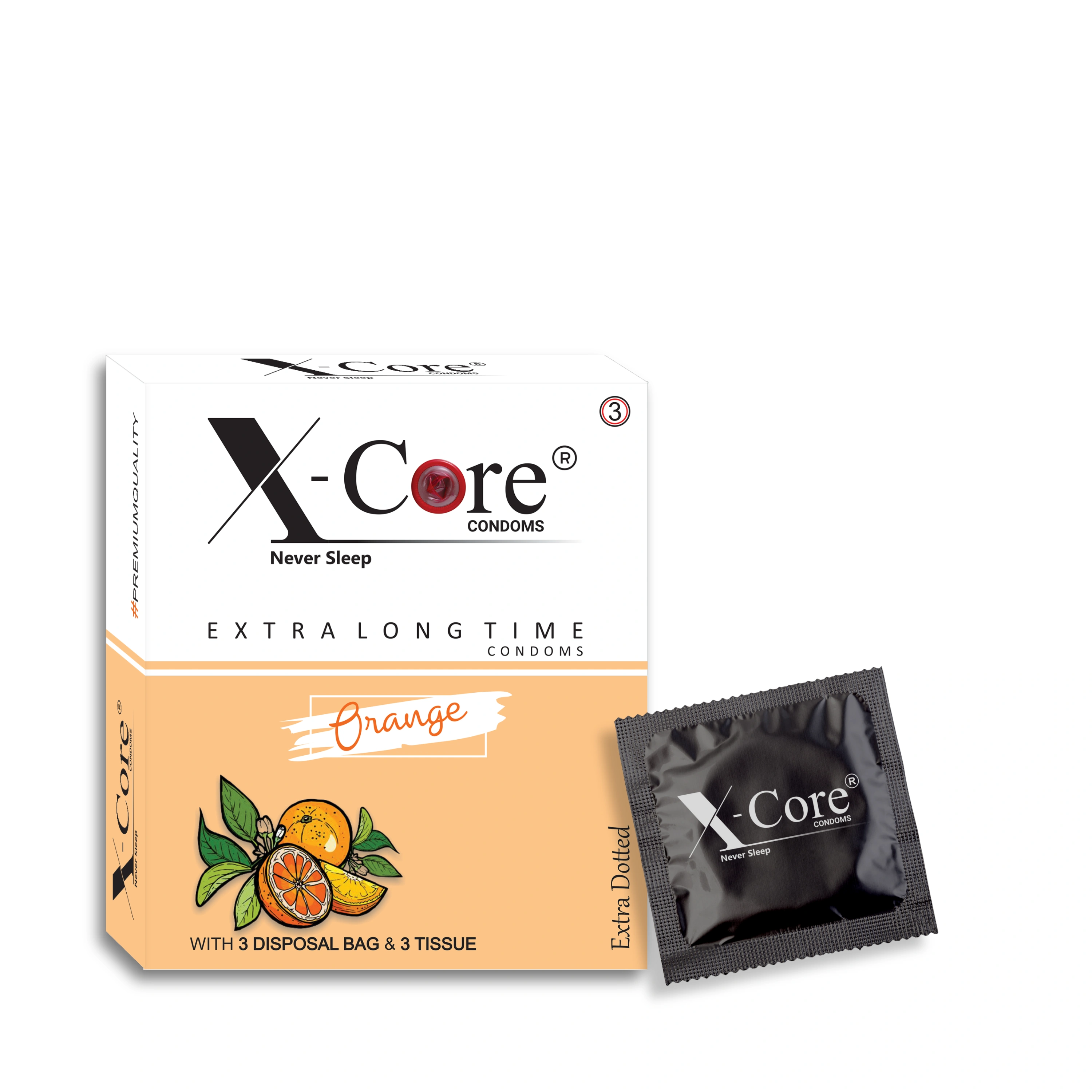 X-Core Condoms Orange Flavoured With Tissues and Disposal Bags 3 Units-12519448