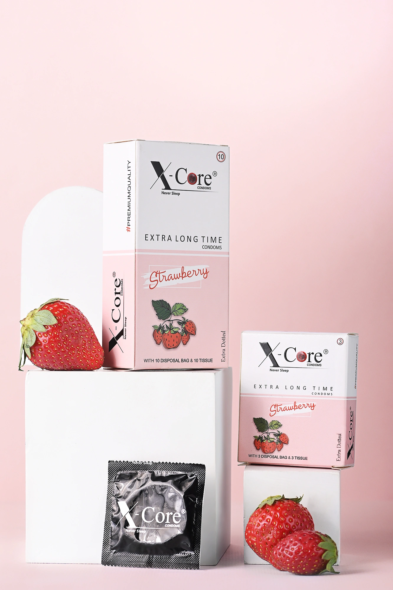 X-Core Condoms Strawberry Flavoured With Tissues and Disposal Bags 3 Units-2