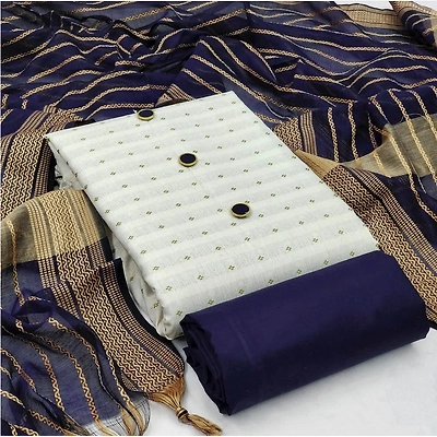 ANDRIOZ White-Navy Blue Woven Cotton Blend Dress Material