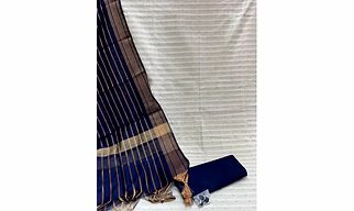 White-Navy Blue Woven Cotton Blend Dress Material