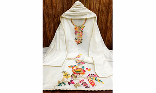 White Floral Woven Dola Silk Dress Material