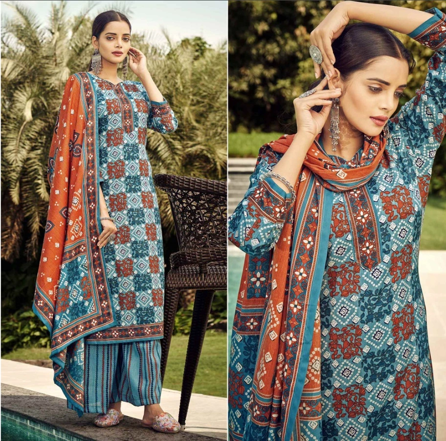 Blue Printed Pashmina Suit-12607358