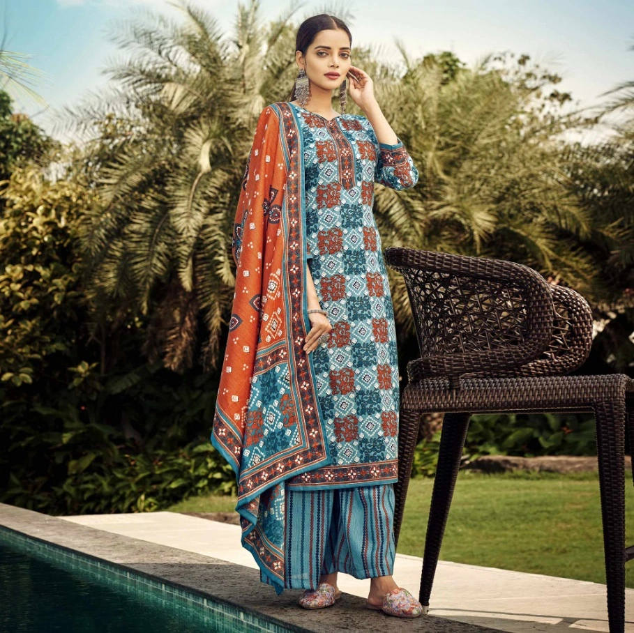 Blue Printed Pashmina Suit-1