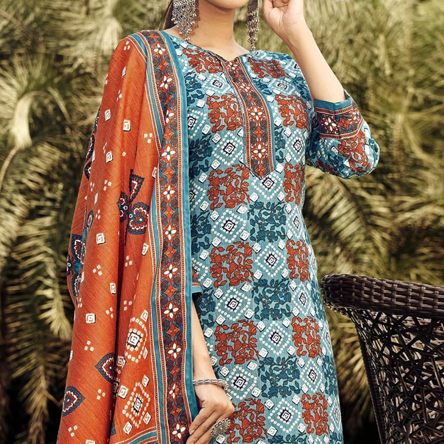 Blue Printed Pashmina Suit-2