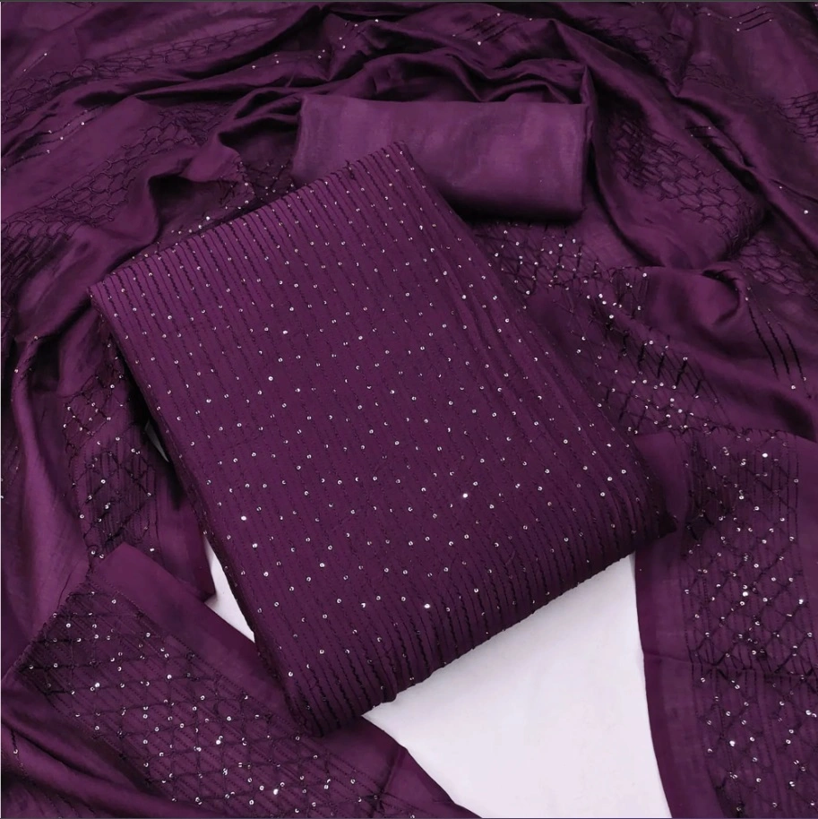 Purple Sequins Embroidered Cotton Dress Material-2