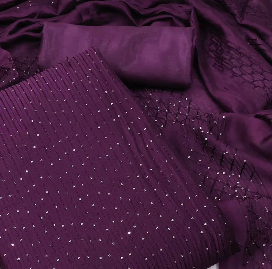 Purple Sequins Embroidered Cotton Dress Material-1