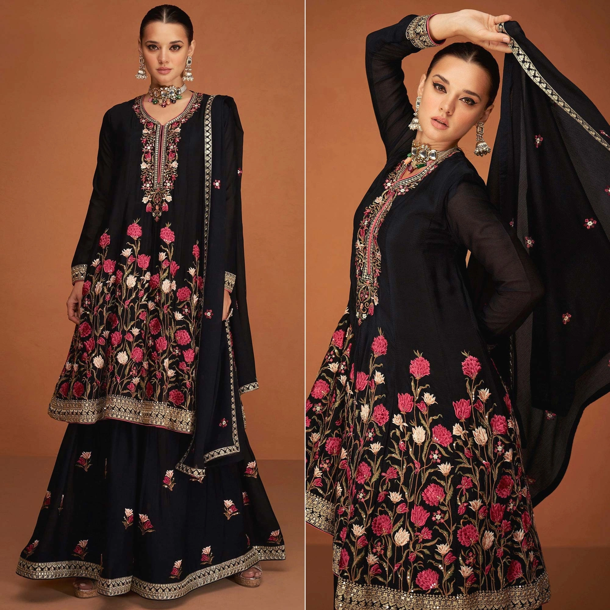 Black Floral Sequins Embroidered Georgette Sharara Suit-12611240