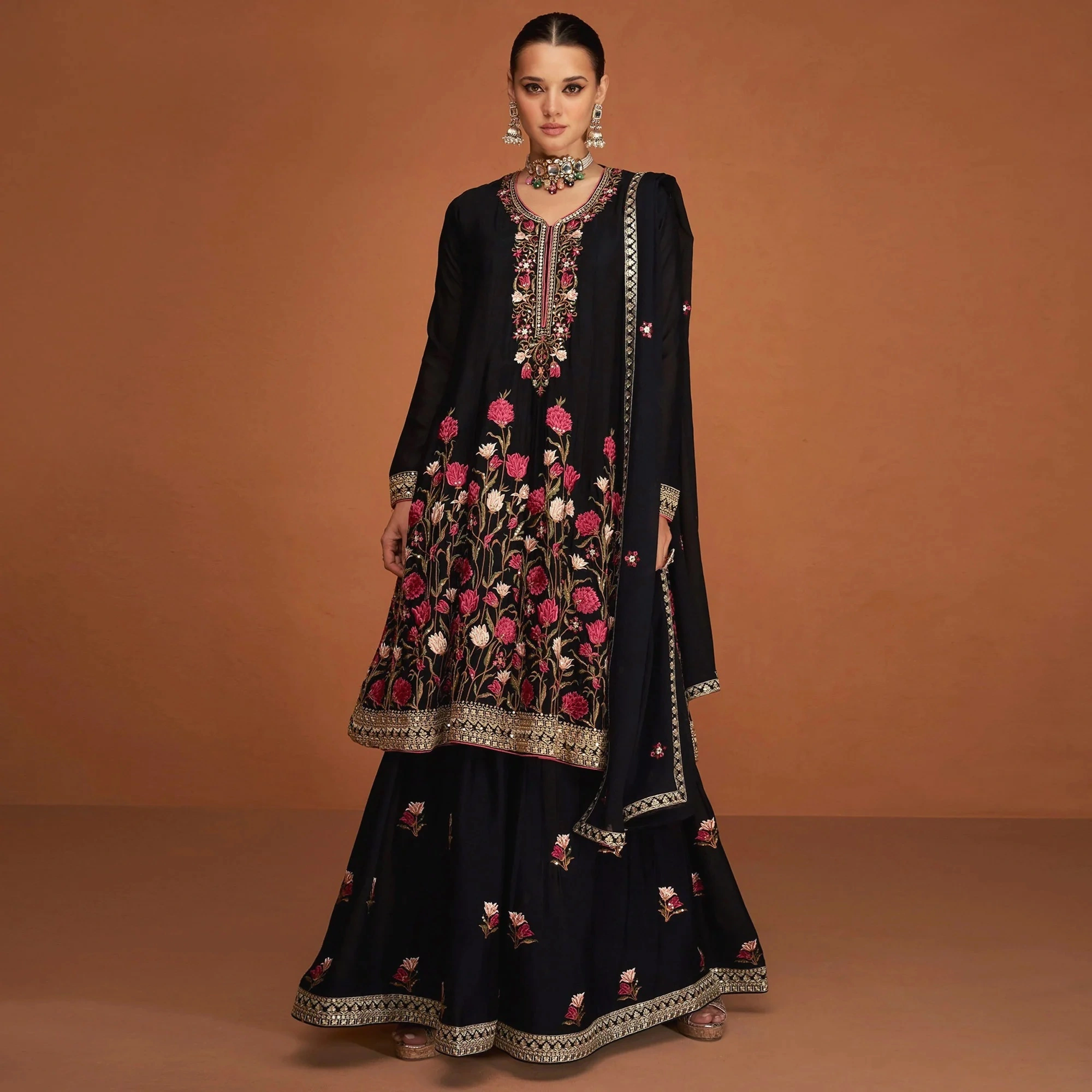 Black Floral Sequins Embroidered Georgette Sharara Suit-1