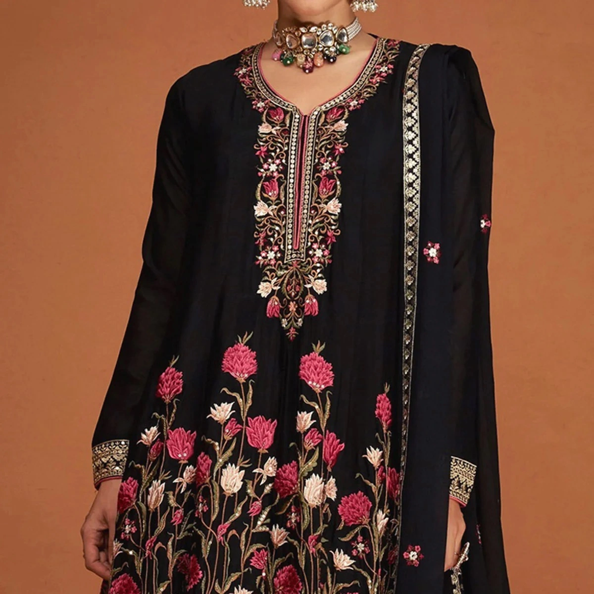 Black Floral Sequins Embroidered Georgette Sharara Suit-2