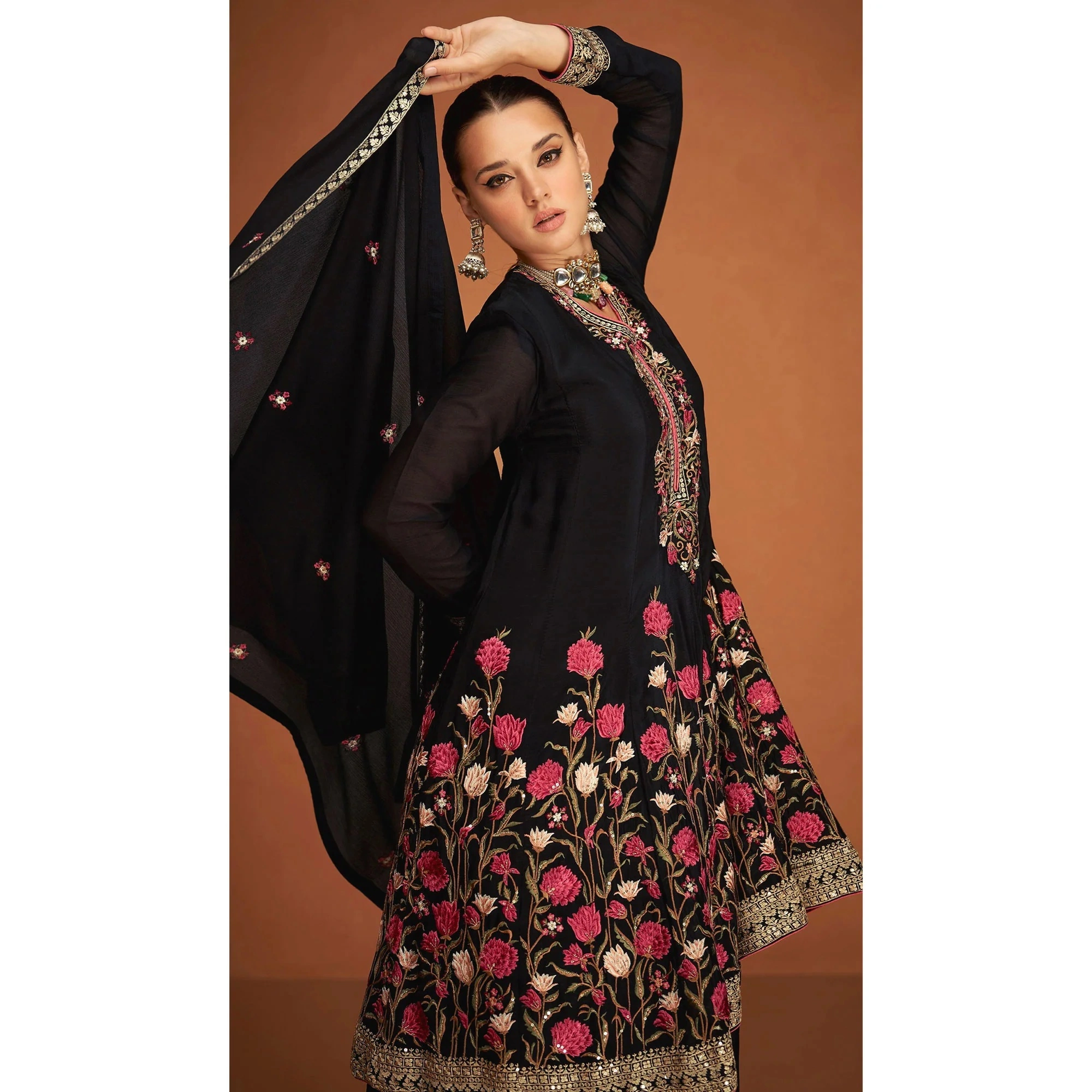 Black Floral Sequins Embroidered Georgette Sharara Suit-3