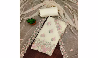 Off White Floral Embroidered Organza Dress Material