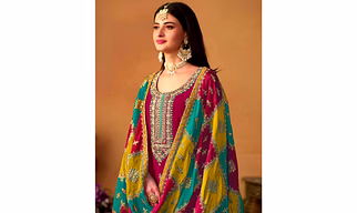 Pink Floral Sequins Embroidered Chinon Silk Semi Stitched Salwar Suit