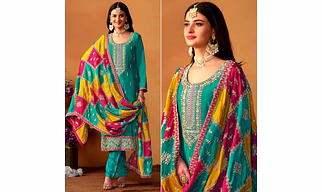 Rama Blue Floral Sequins Embroidered Chinon Silk Semi Stitched Salwar Suit