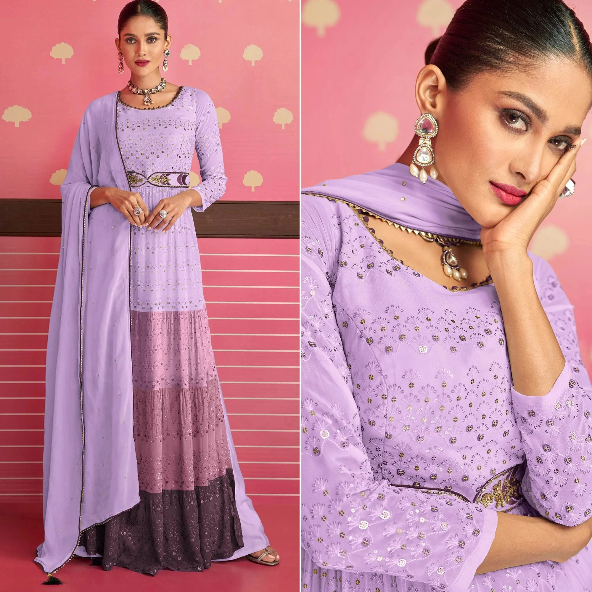 Violet Sequins Embroidered Georgette Naira Cut Suit-12611296