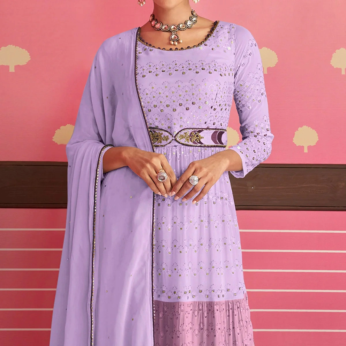 Violet Sequins Embroidered Georgette Naira Cut Suit-2