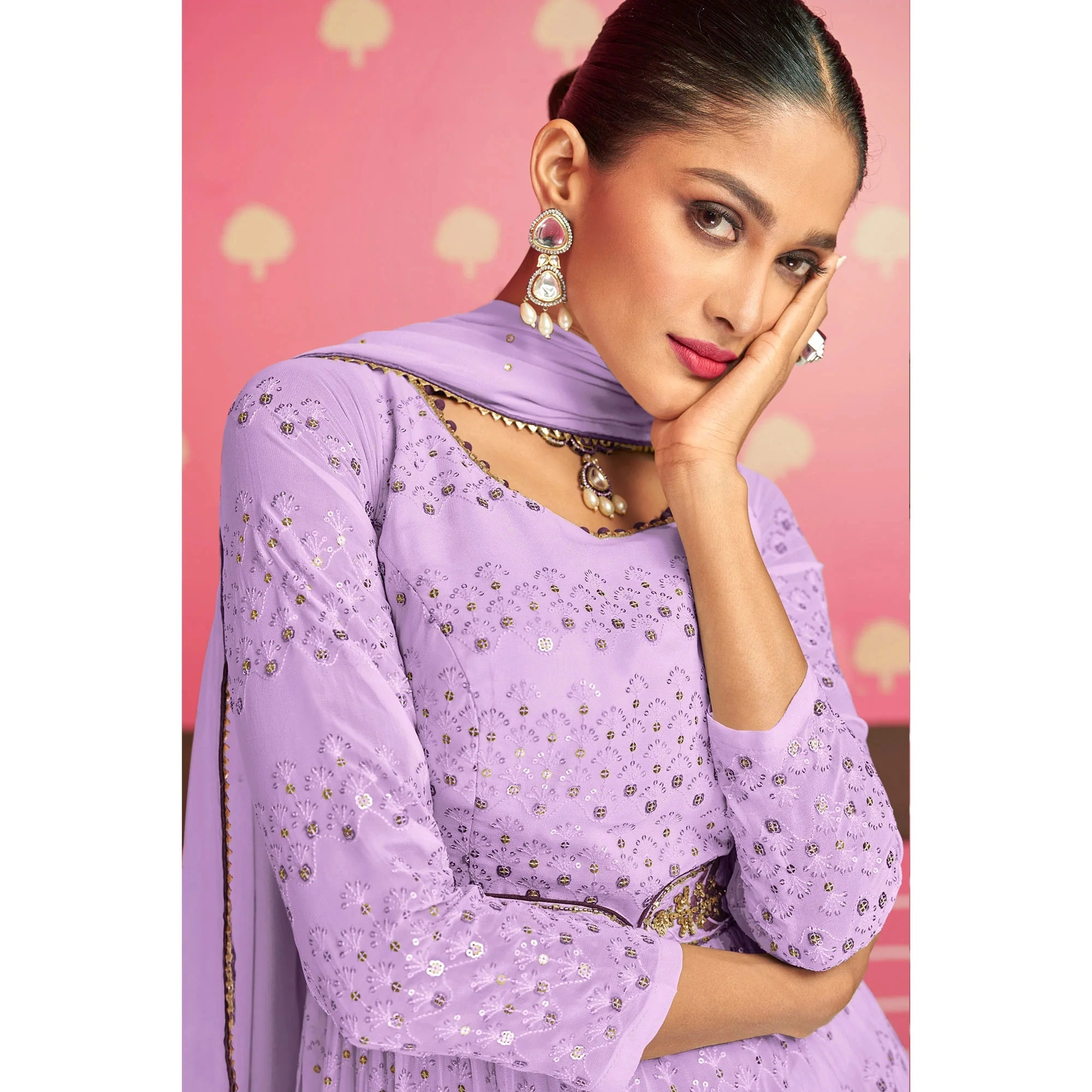 Violet Sequins Embroidered Georgette Naira Cut Suit-3