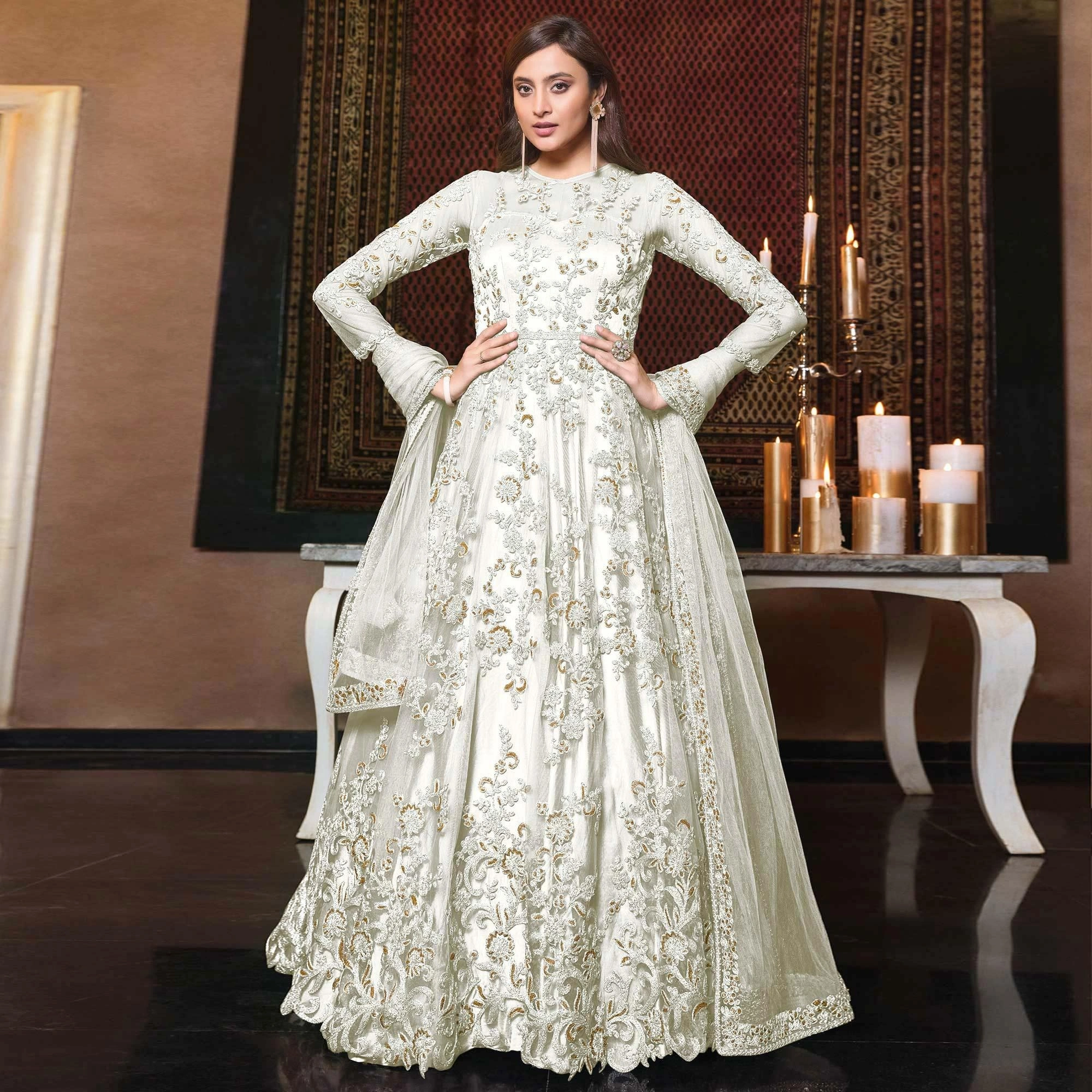 White Embellished With Embroidered Net Anarkali Suit-12611308