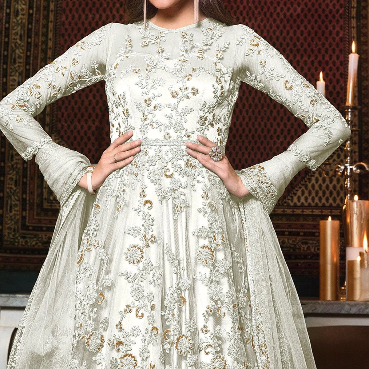 White Embellished With Embroidered Net Anarkali Suit-1