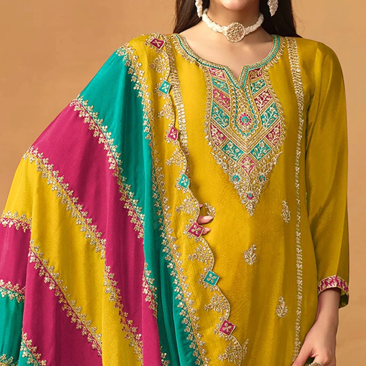 Yellow Floral Sequins Embroidered Chinon Silk Semi Stitched Salwar Suit-2