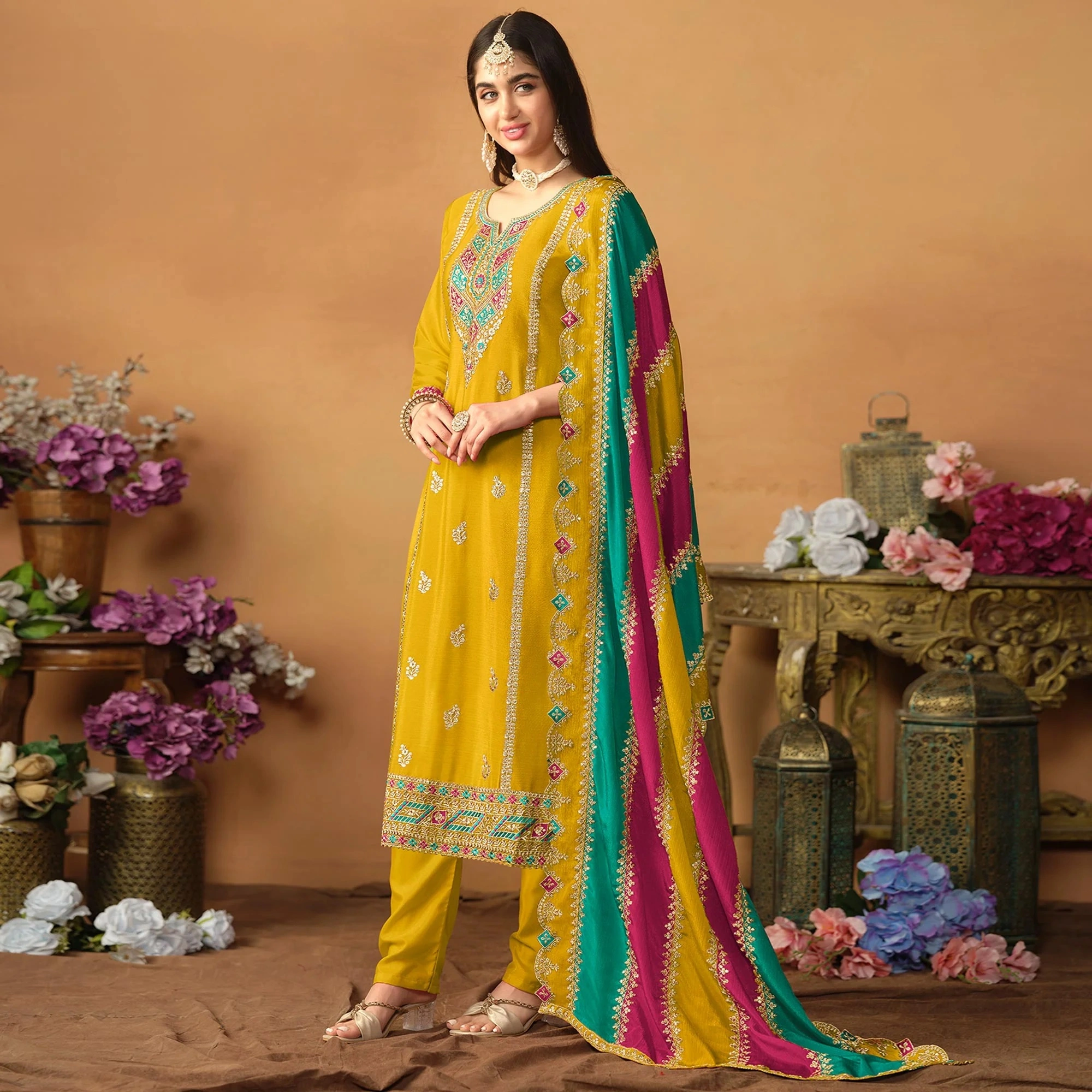 Yellow Floral Sequins Embroidered Chinon Silk Semi Stitched Salwar Suit-3