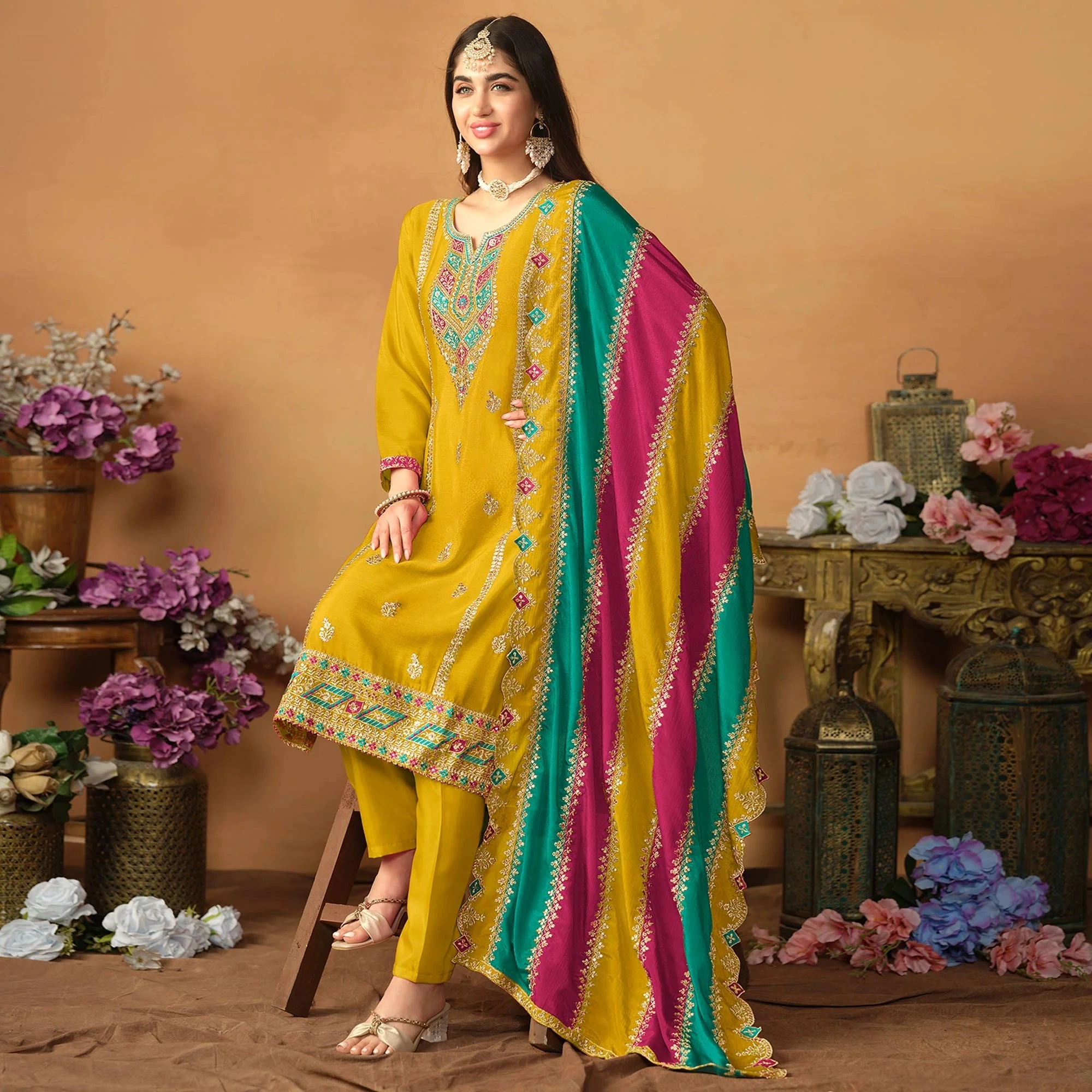 Yellow Floral Sequins Embroidered Chinon Silk Semi Stitched Salwar Suit-4