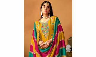 Yellow Floral Sequins Embroidered Chinon Silk Semi Stitched Salwar Suit